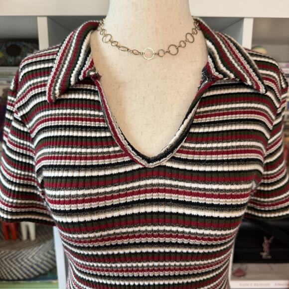 Vintage 90s Cool Wear Mod Striped Slim Ribbed Short Sleeve Polo - Red Wms L - Picture 3 of 9